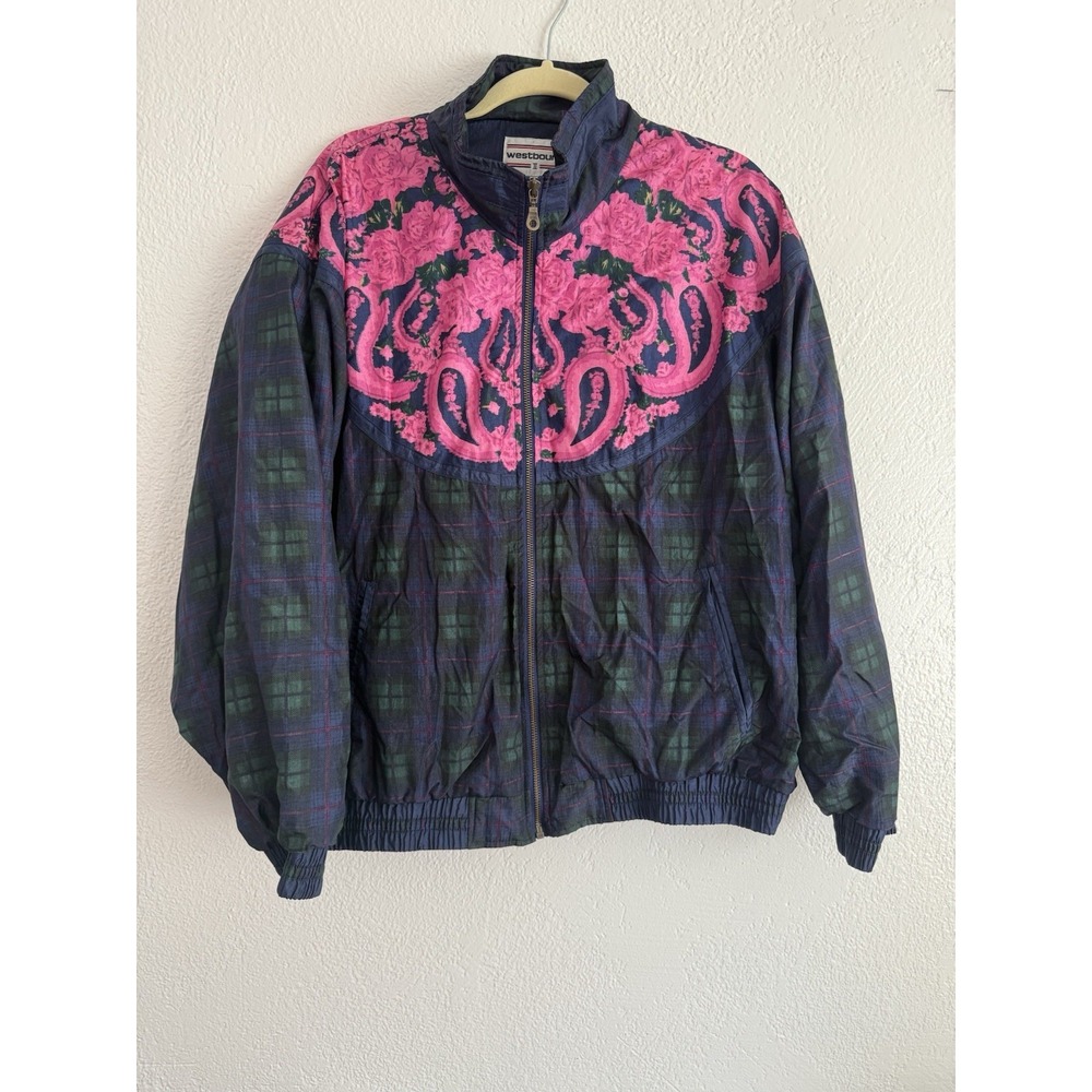 90s Track Jacket Windbreaker Blue Pink Paisley Plaid Womens 2XL Westbound